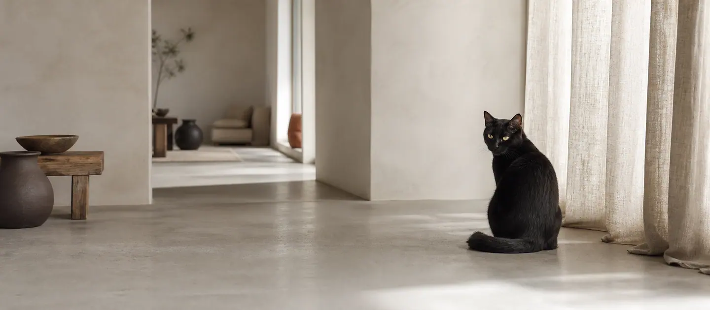 Chat noir à distance dans un intérieur calme