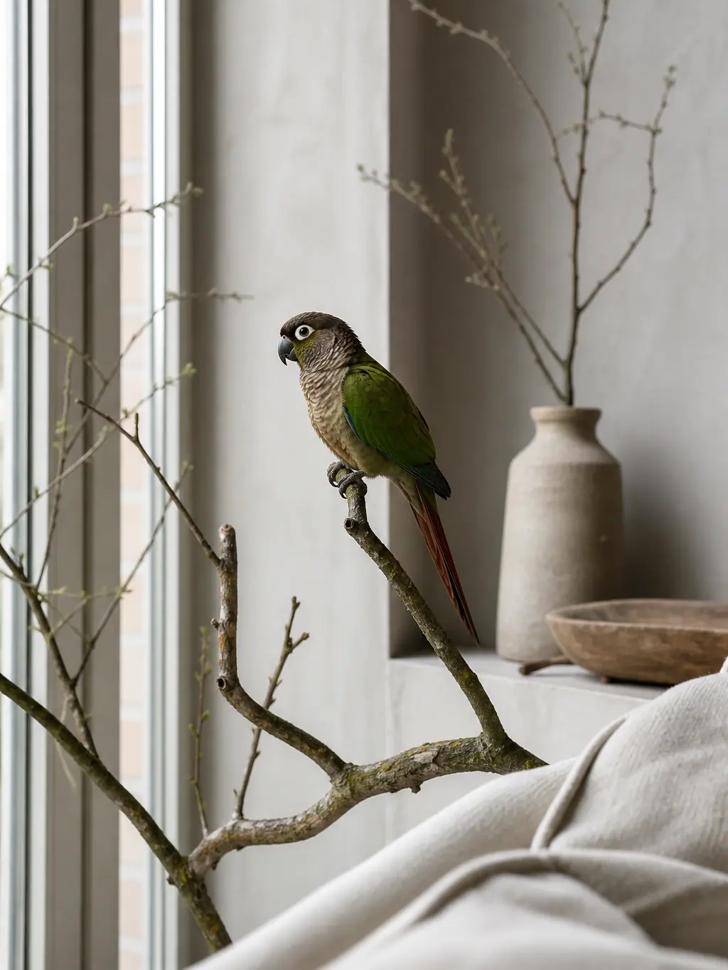 Oiseau posé près d’une fenêtre
