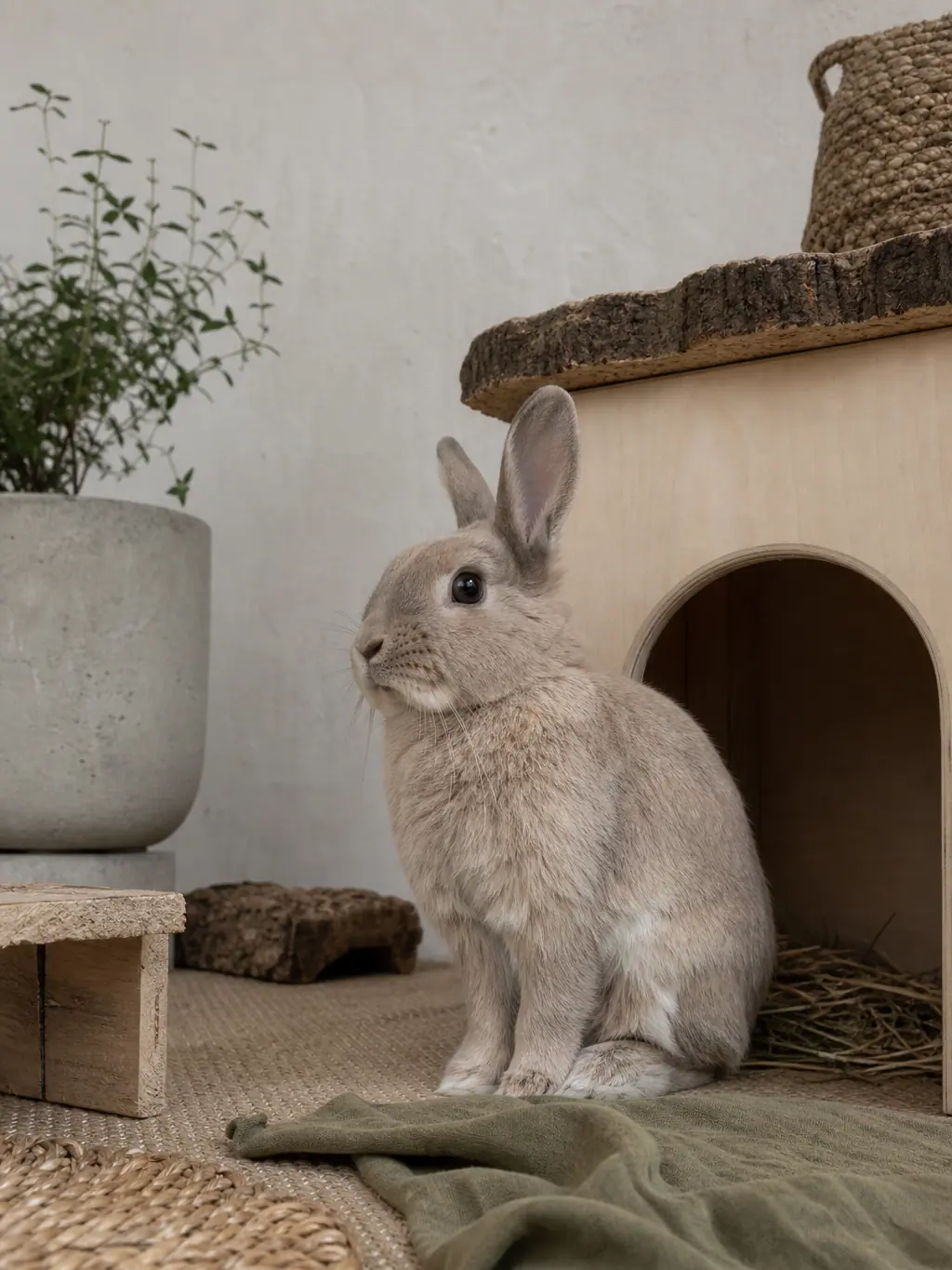 Lapin assis devant son abri