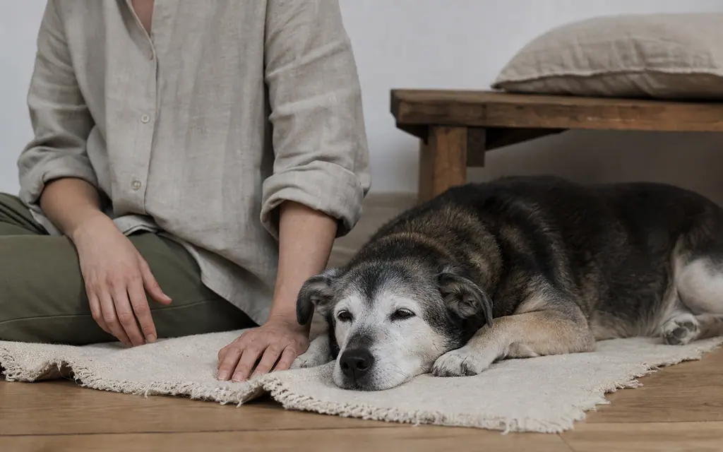 Personne assise calmement auprès d’un chien âgé