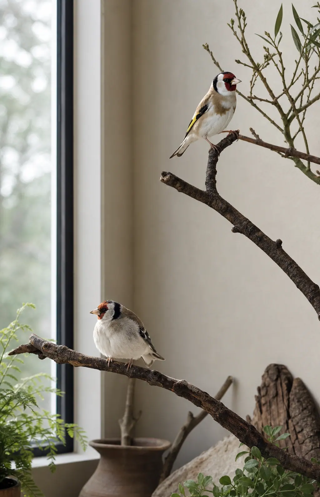 Deux oiseaux posés à des hauteurs différentes