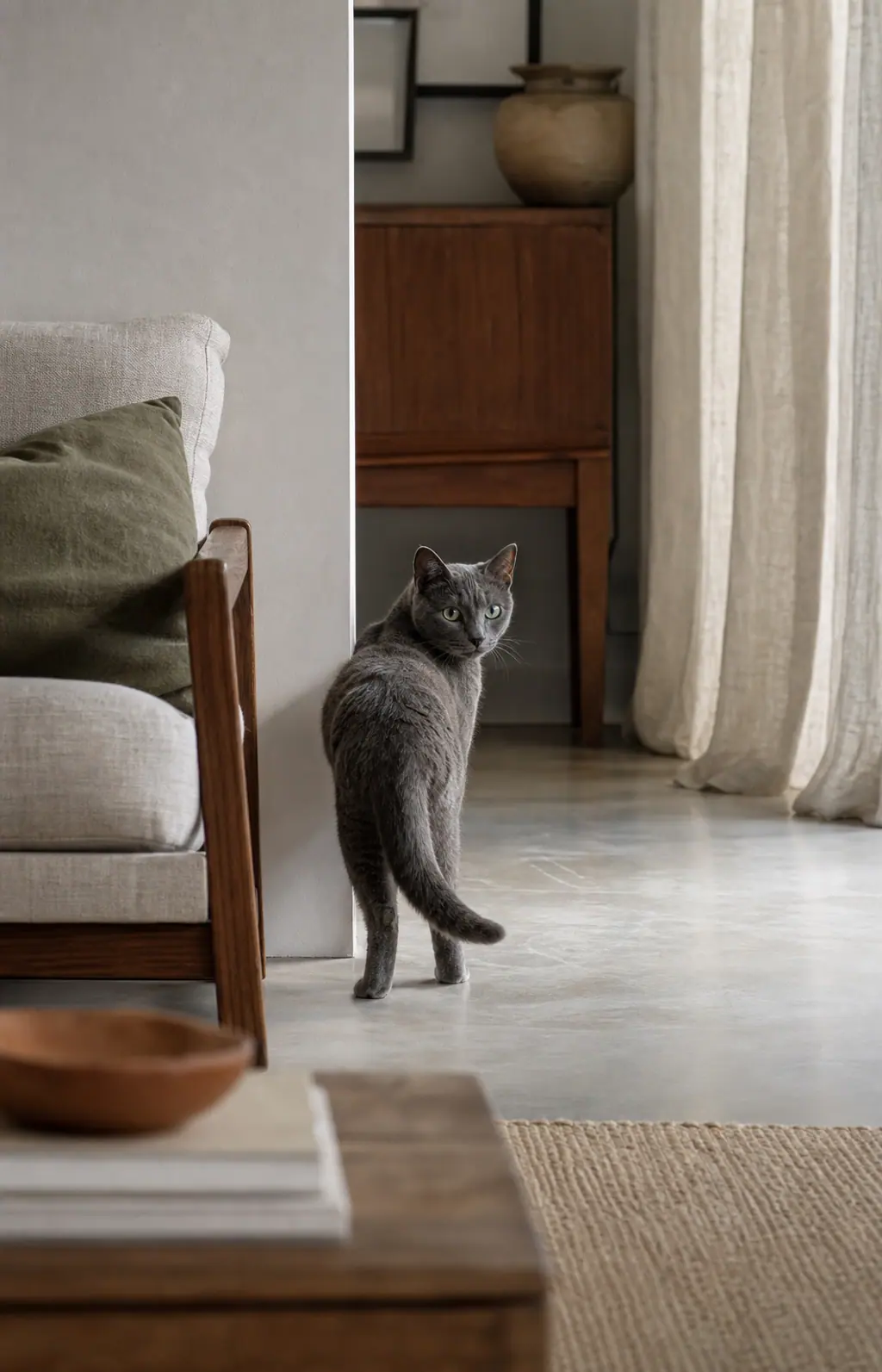 Chat choisissant sa distance dans une pièce calme