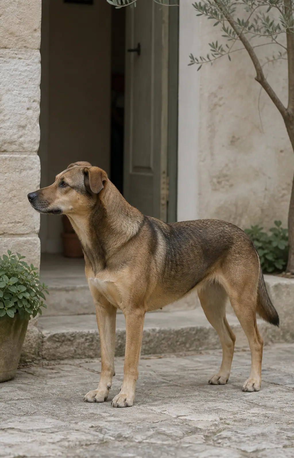 Chien observé de profil dans une cour calme